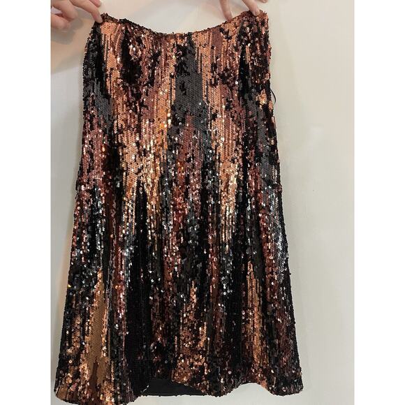 New Anthropologie Strapless Sequined Mini Dress Sz 10 Black Motif/ Bronze Zip Up - Picture 3 of 6